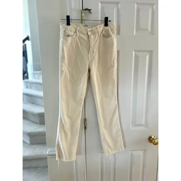 Mother High Waisted Rascal Ankle Fray Chalk Ivory Cream Beige Jeans